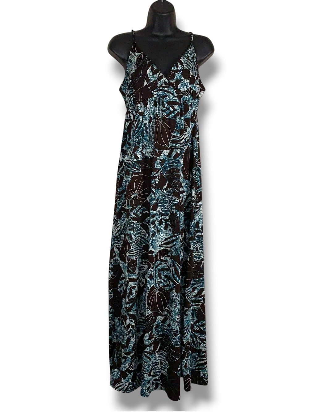Large Corey P Maxi Dress Sleeveless Teal Blue Brown Tropical Print Leaf